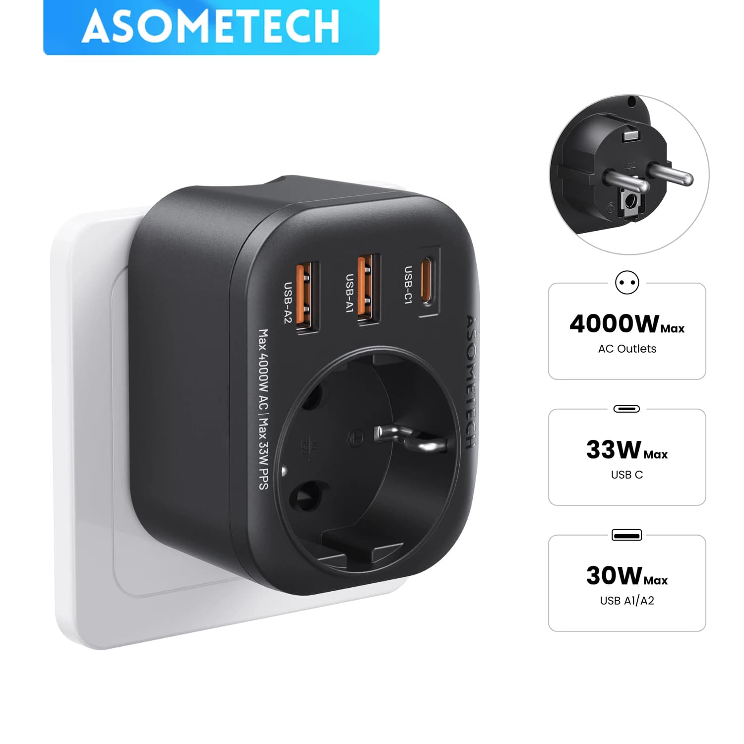 Caricabatterie GaN da 33 W Prese CA 4 in 1 da 4000 W Presa multipla PD PPS USB Tipo C Ricarica rapida da parete per IPhone 17 16 Pro Max Samsung Xiaomi