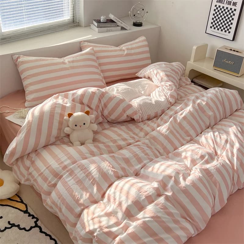Set Copripiumino a Righe 4 Pezzi, Set Biancheria da Letto in Cotone Lavato 100% Stile Ins, Morbido e Delicato sulla Pelle, Copripiumino, Lenzuolo e Federe