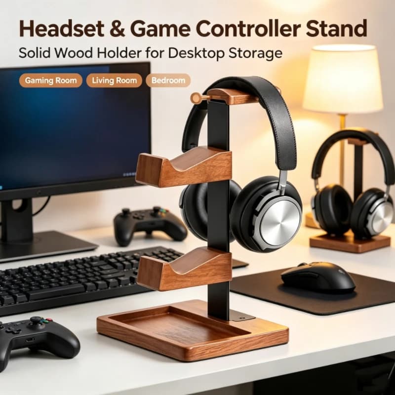 Wooden Gamer Handle Bracket Multi Functional Earphones Hange Headphones Stand Solid Wood Metal Gaming Headset Display Shelf