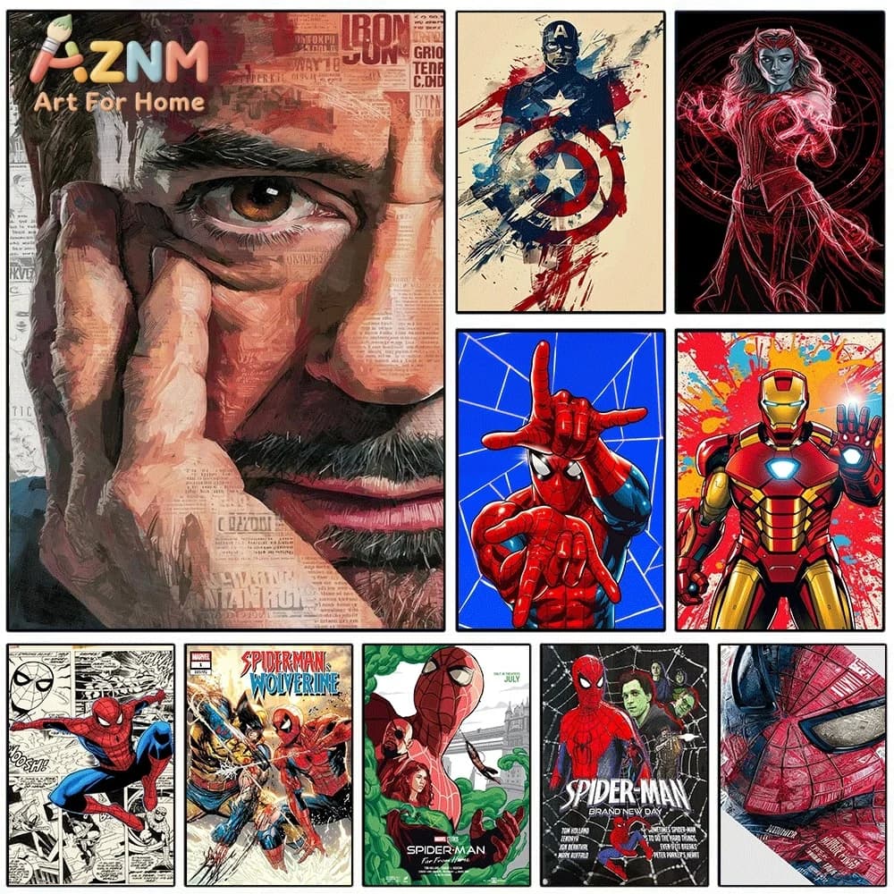 Iron Man Marvel Superhero Canvas Wall Art Captain America Scarlet Witch Spider‑Man Comic Style Unframed Canvas Print for Boys