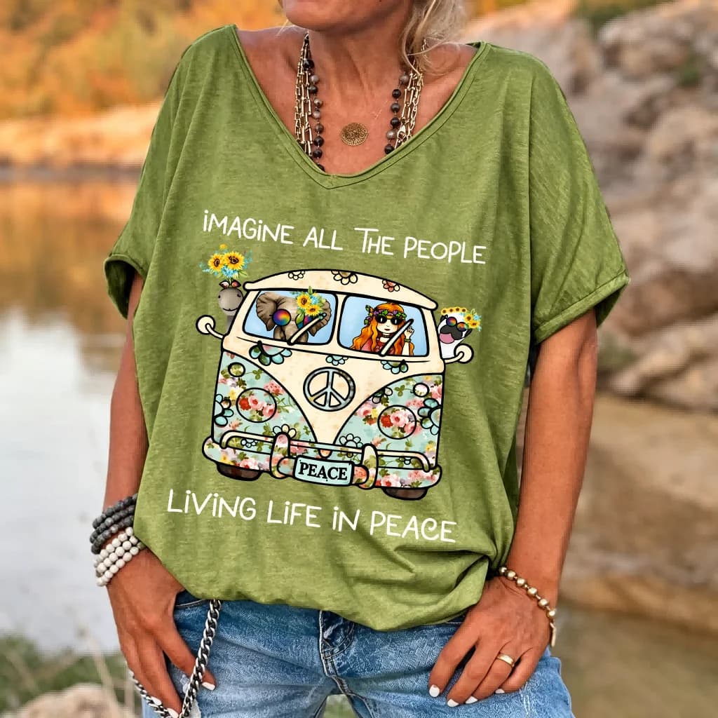 Ilstile Women's Imagine All The People Peace Bus T-Shirt Retro Hippie Animal Print V-Neck Loose Fit Casual Summer Top