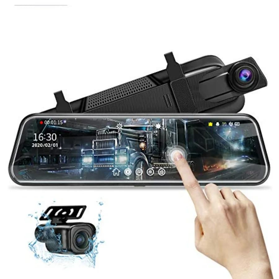 Dash Cam con Specchio da 10'' Visione Notturna 1080P FHD Schermo Touch Completo Telecamera Anteriore e Posteriore per Auto Registrazione in Loop Streaming