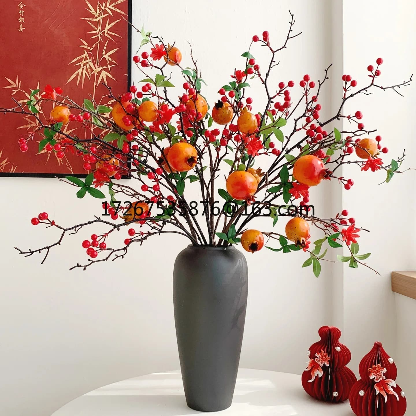 Fiore di melograno fiore di simulazione agrifoglio frutta rossa fortuna frutta cachi Decorazione di Capodanno bouquet essiccato di Capodanno