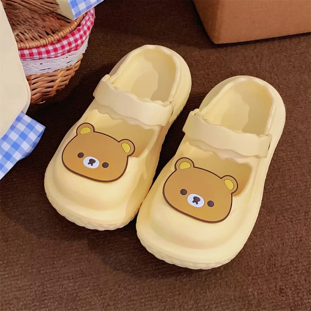 Cute Bear Thick Bottom Sandals Women's Summer Vacation Beach Slippers Casual Style EVA Material Flat Heel Cartoon Animation