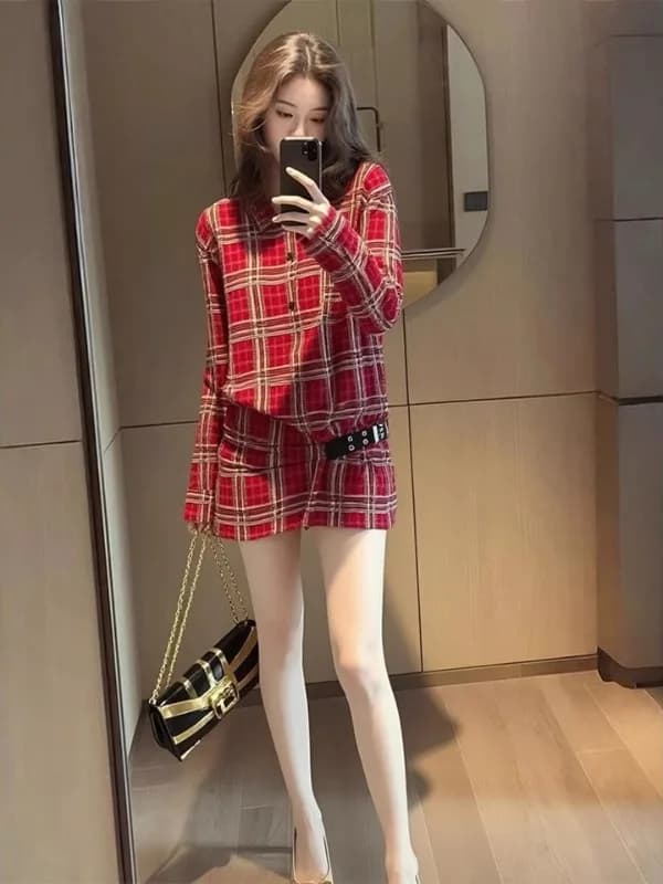 Abito a camicia in velluto a quadri stile punk rock, con cintura, vita alta, maniche lunghe, gonna corta, girocollo, stile coreano, per donna adulta