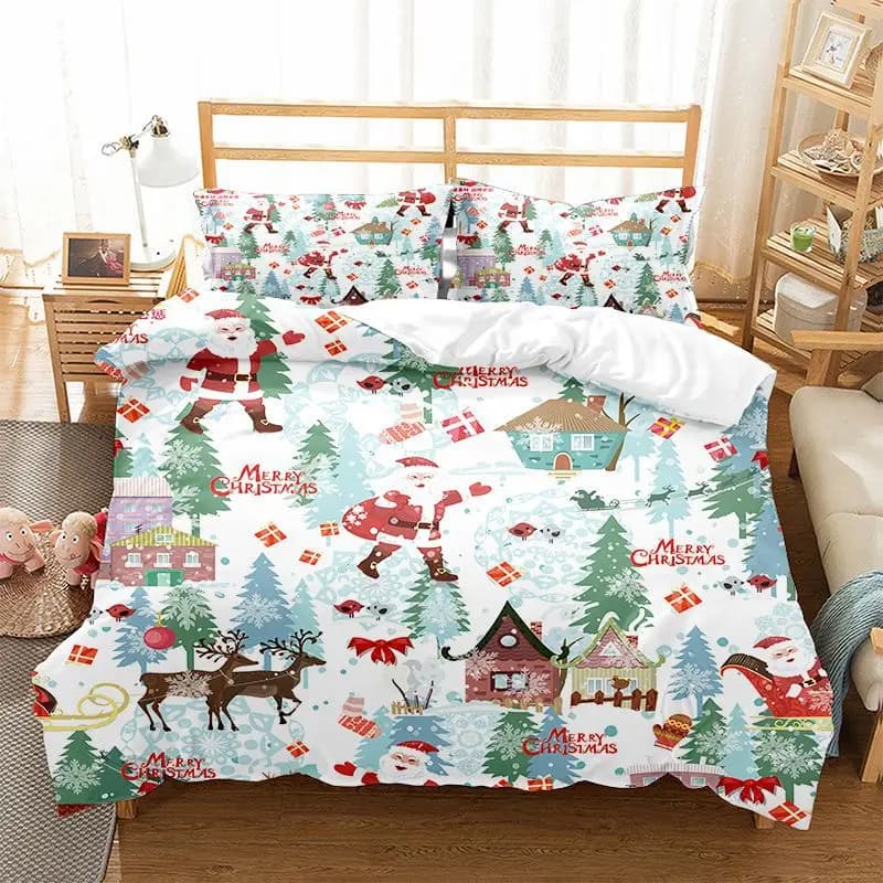Set copripiumino stampato per albero di Natale 3D di buon Natale, fiocchi di neve, copripiumino per letto matrimoniale di Babbo Natale + federe