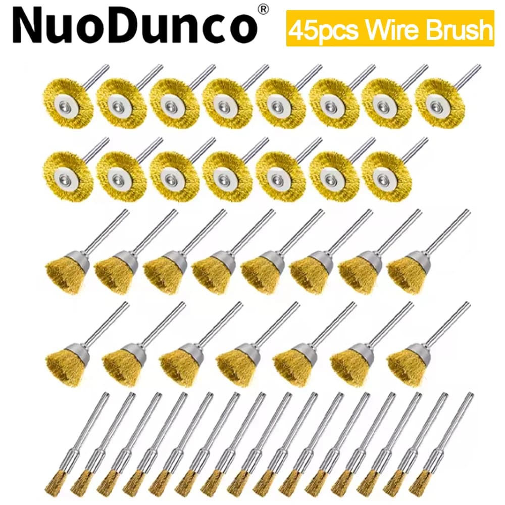 45pcs Brass Brush Steel Wire T & Bowl & Pen Shaped Type Brush Set 3mm Shank Polishing for Dremel Rotary Tools Metal Rust Removal