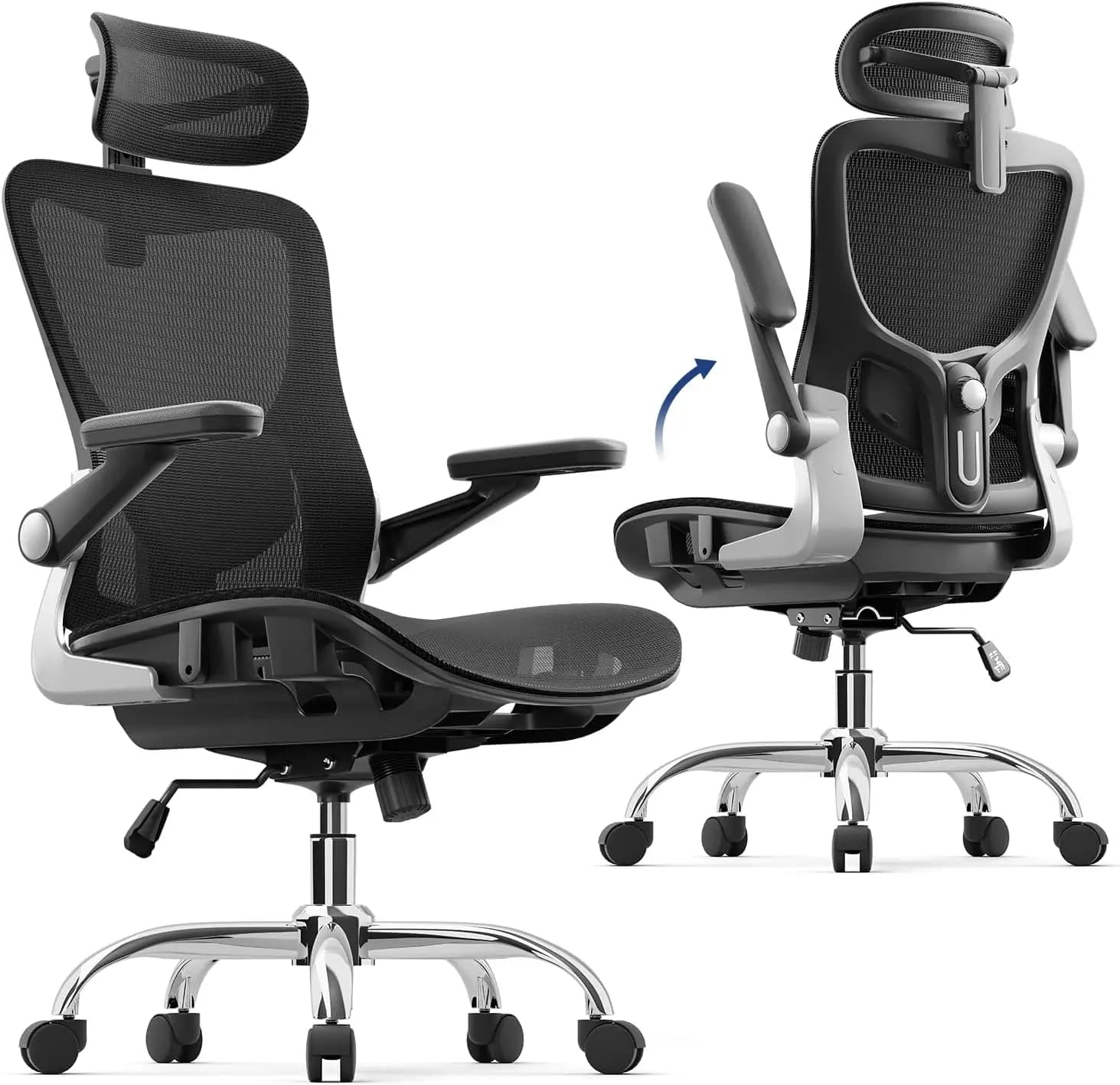 Sedia da Ufficio Ergonomica, Seduta in Rete con Braccioli e Poggiatesta 3D, Supporto Lombare Regolabile da 90-120° ° Funzione Rocking