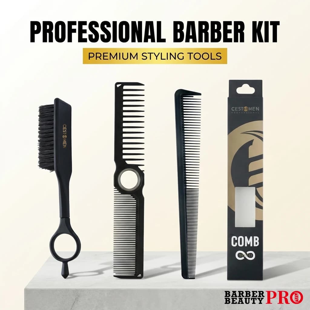Set di 3 Pettini Professionali da Barbiere: Pettine a Denti Larghi e Fini, Pettine Affusolato e Spazzola per Parrucchieri
