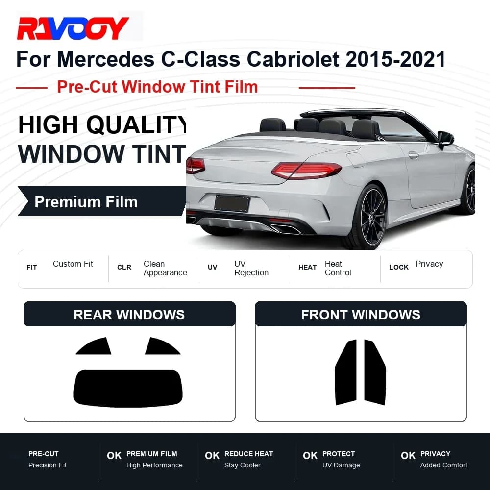RAVOOY Precut Window Tint, Reusable Removable EPU Film, Custom Fit for Mercedes C Class Cabriolet 2017-2023, UV Heat Protection