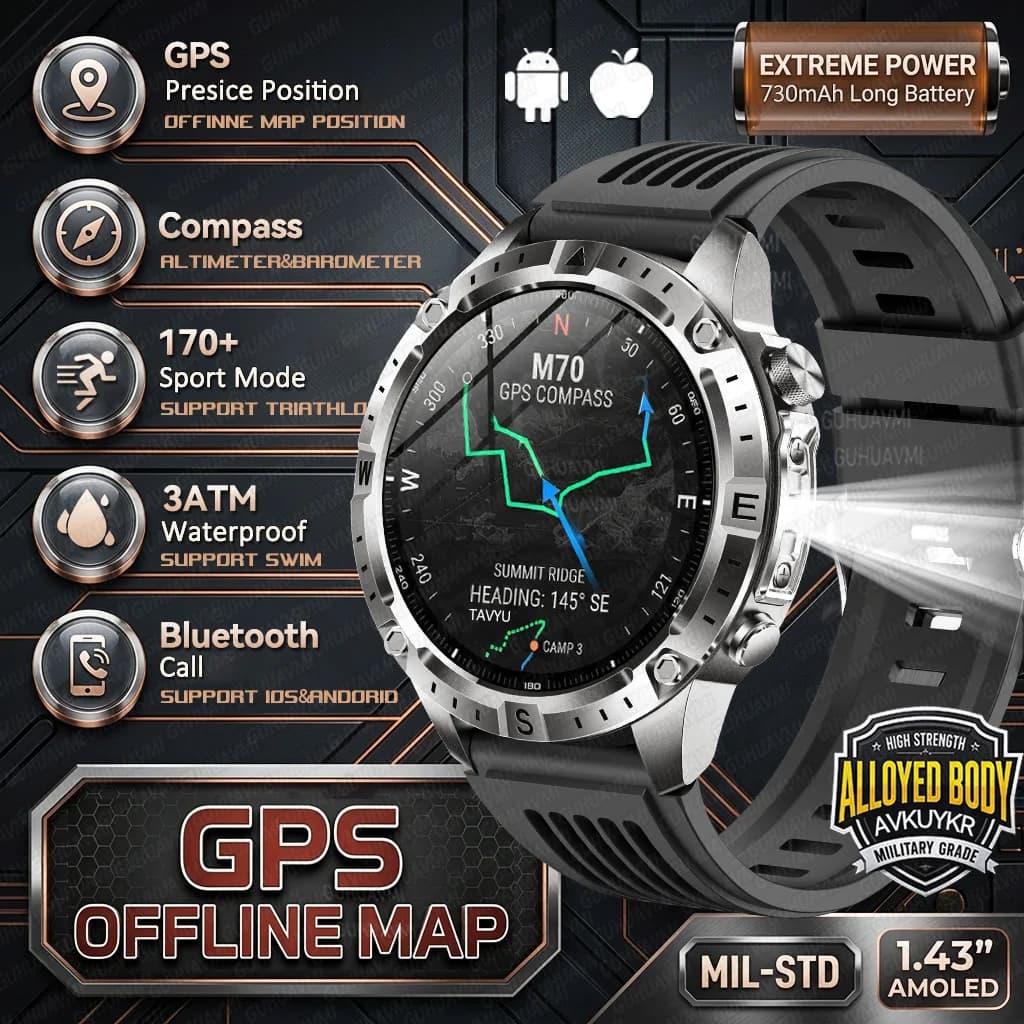 Nuovo Smartwatch Militare GPS 2026 con Mappe Offline, Impermeabile 3ATM, Musica 2GB, Altimetro, Bussola, Chiamate BT, Fitness e Sport per Uomo iOS