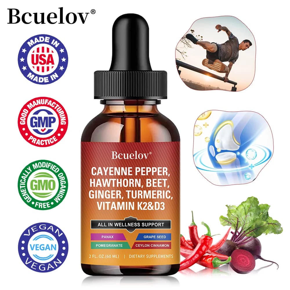 Cayenne pepper liquid drops + hawthorn, vitamin D3 K2, cinnamon of Ceylon, turmeric, organic ginseng, supplement for intestinal health