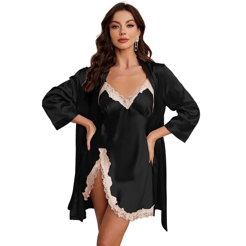 Twinset femminile Robe Gowm Set Solid Sposa Abito da sposa Vestaglia Sexy Lace Trim Accappatoio Camicia da notte Allentato Setoso Home Wear Robe