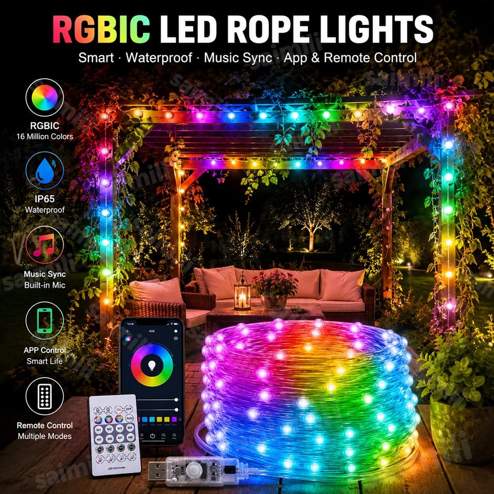 RGBIC LED String Lights USB Bluetooth Remote Control Dream Color Music Sync Waterproof Glow Fairy Lamp Holiday Party Home Decor