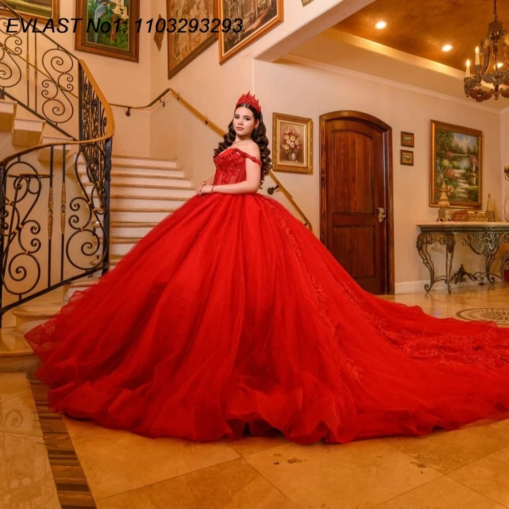 EVLAST Personalizzato Abito da ballo rosso messicano Abito stile Quinceanera Applique in pizzo Perline di cristallo Dolce 16 Abiti da 15 Anos E1QN221