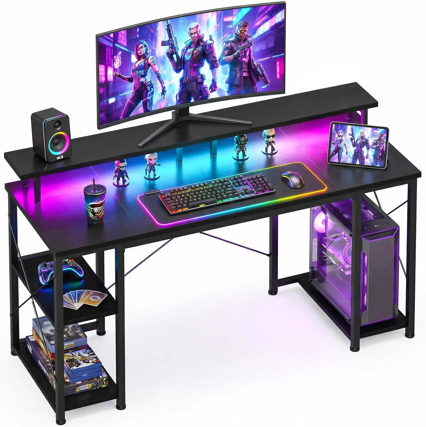 ODK 48 inch Gaming Desk with LED Lights, Computer Desk with Monitor Stand & Storage Shelves, CPU Stand, Home Office Desk, Black