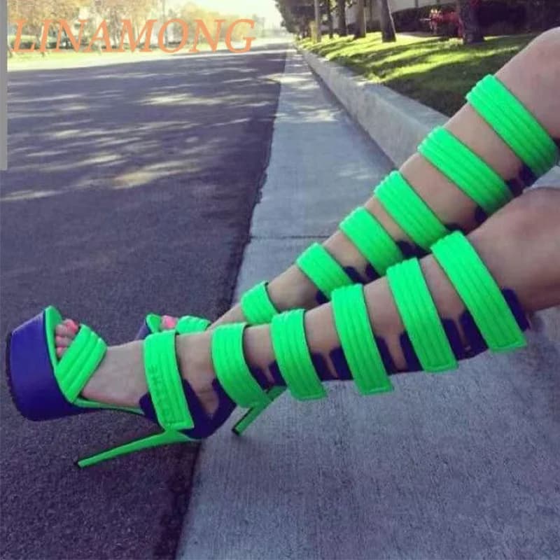 Stivali Estivi con Cinturino in Velcro, Suola Spessa, Piattaforma, Punta Aperta, Alla Moda, Traforati, Alti fino al Ginocchio, Eleganti Sandali con Tacco a Spillo