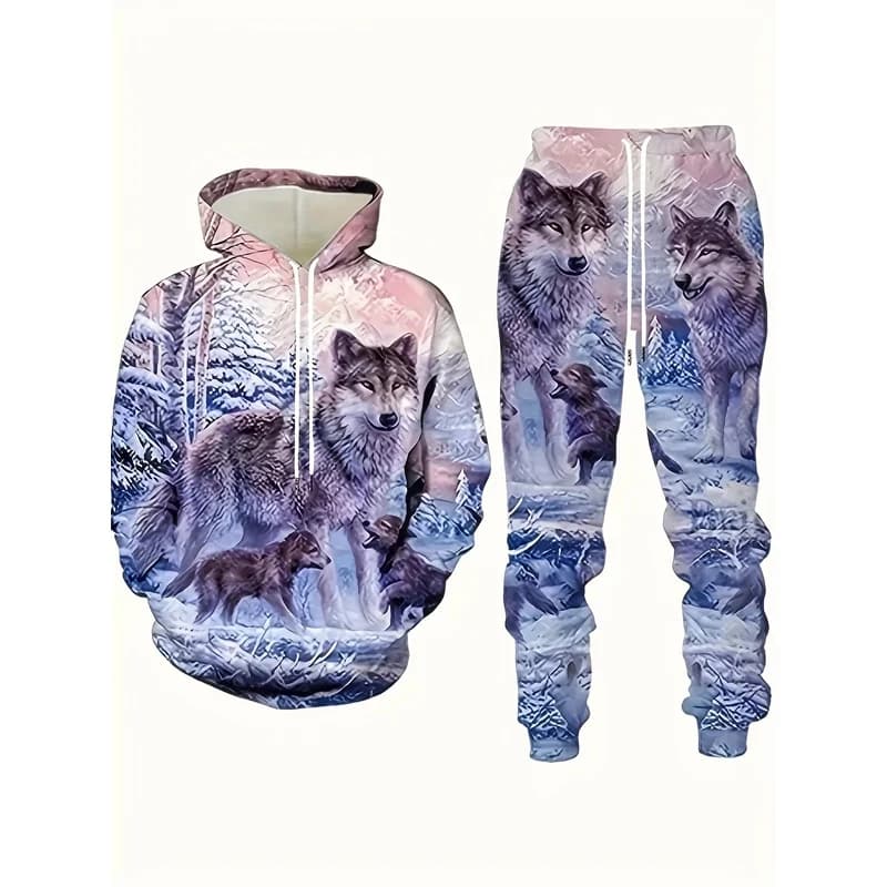 2-Piece Men'S Plus Size Wolf Print Hoodie And Sweatpants Full Body Printed Hoodie, Comfortable Spring And Autumn Hoodie Set
