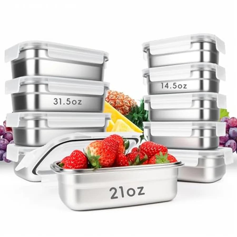 Set di 10 Contenitori per Alimenti in Acciaio Inox 304 con Coperchi Ermetici, Scatole Bento Impilabili per Preparazione Pasti, Riutilizzabili