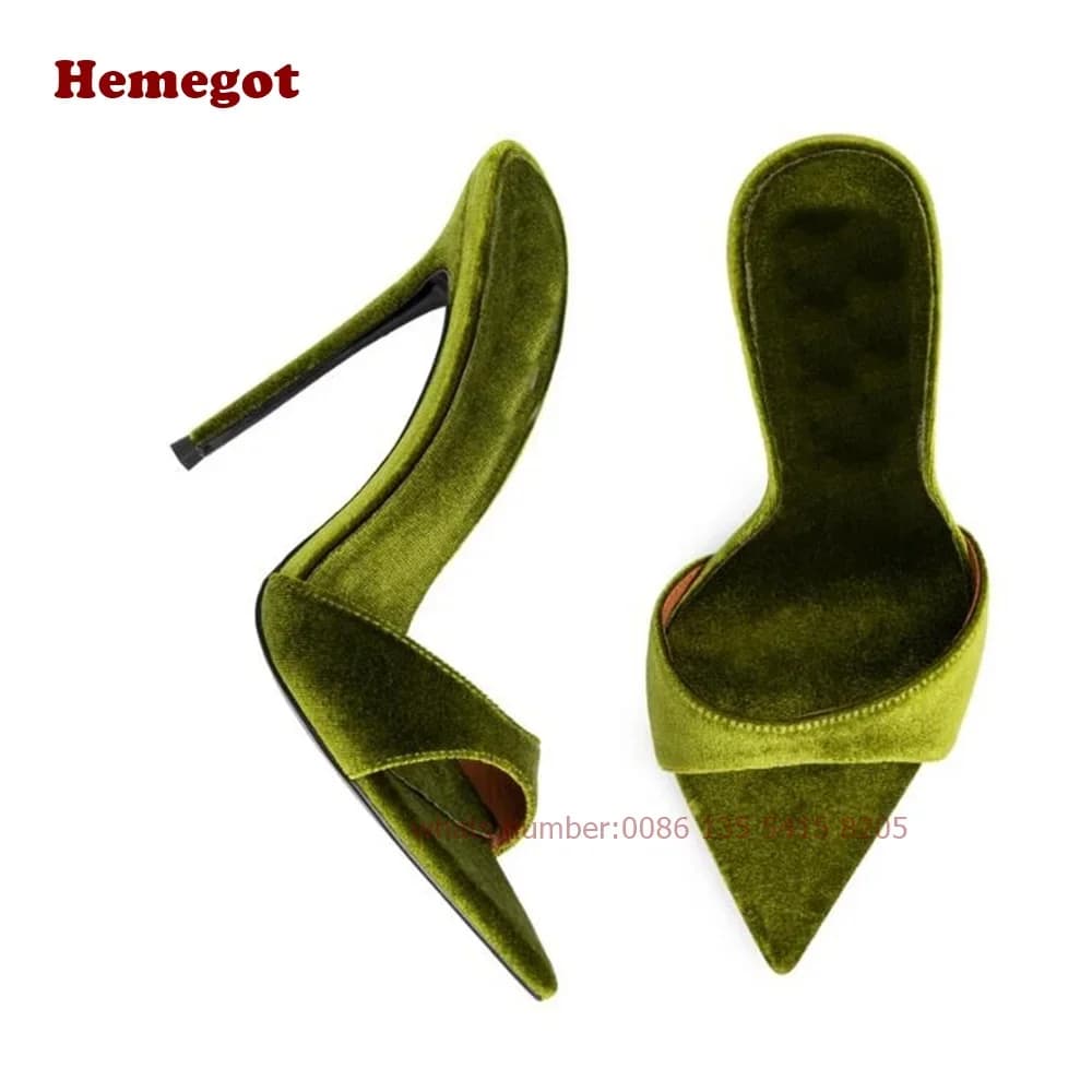 Olive Velvet Mules Suede Pointy Toe Stiletto High Heels Women's Slippers Solid Glossy 2024 Summer Runway Party Shoes Luxury