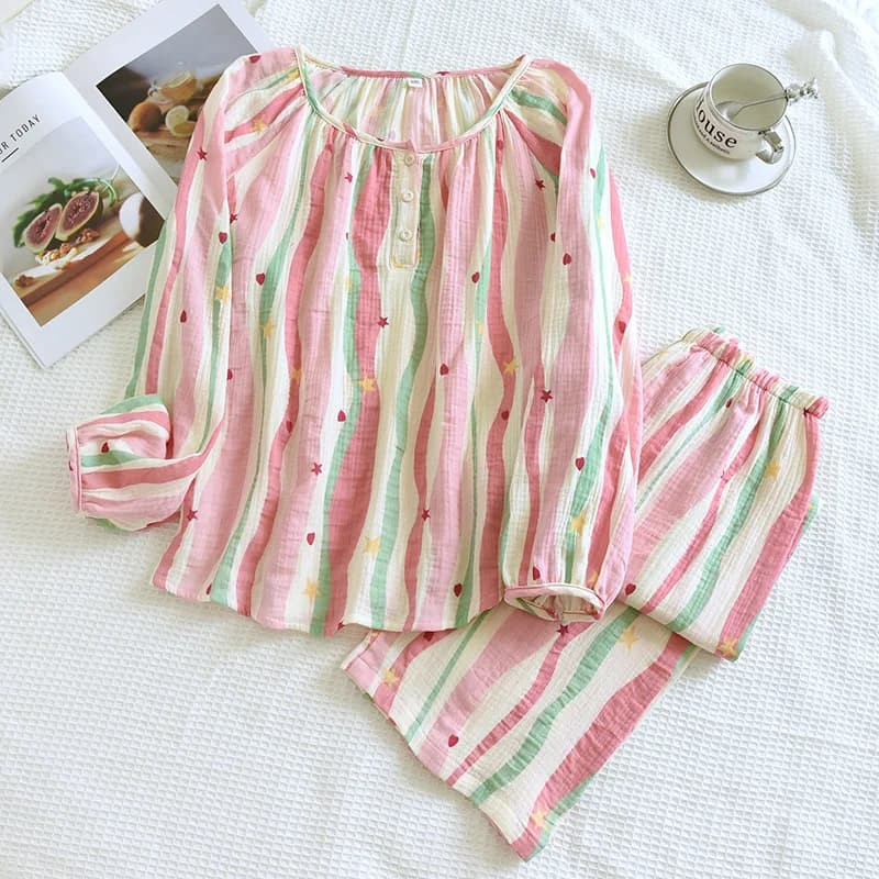 2026 delle nuove donne pigiama set 100% cotone crepe panno colore a righe colletto tondo testa manica lunga due pezzi vestiti larghi per la casa