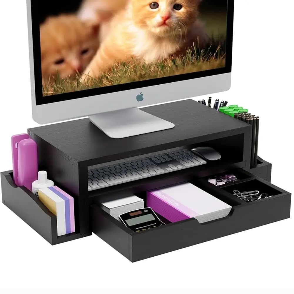 Supporto per Monitor e Organizzatore da Scrivania in Legno con Cassetto e Portapenne per Laptop, Computer, iMac, Nero