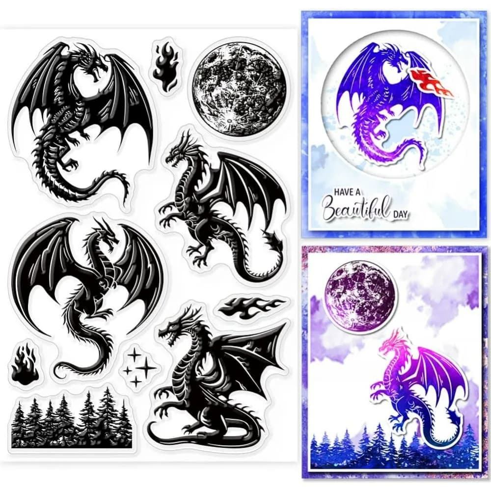 Fire Dragon Clear Stamp Lunar Phase Clear Rubber Stamps Forest Silicone Stamps for DIY Scrapbooking Photo Album Making Kit