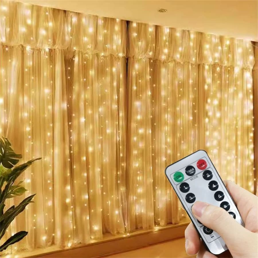 Luci di Natale a LED con telecomando, 8 modalità, luci a tenda USB, decorazioni natalizie per casa, matrimoni, feste e vacanze.