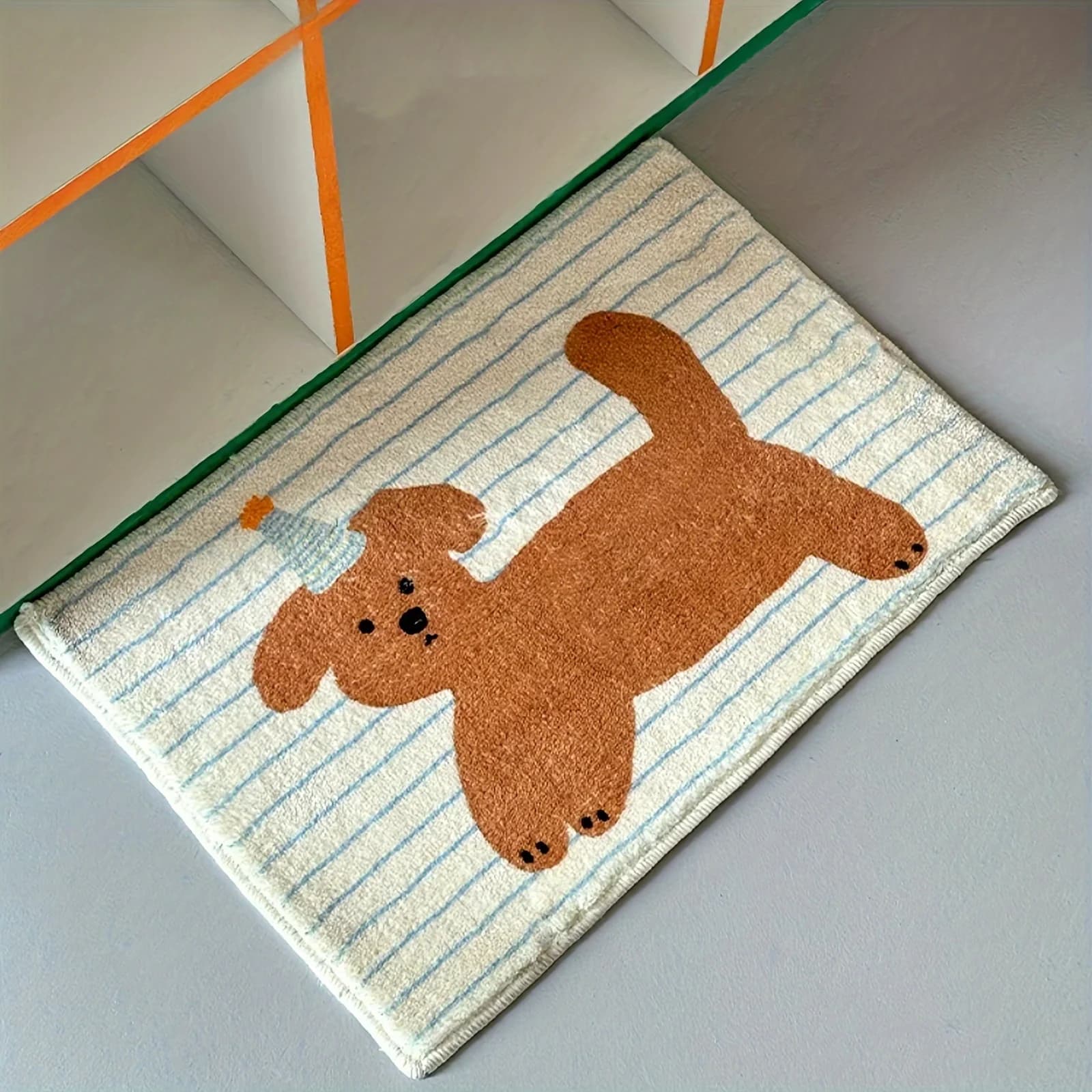 Tappetino da bagno a righe per cani da cartone animato 1 pezzo, tappeto in flanella assorbente antiscivolo, misto poliestere lavabile in lavatrice, tappetino da bagno rettangolare