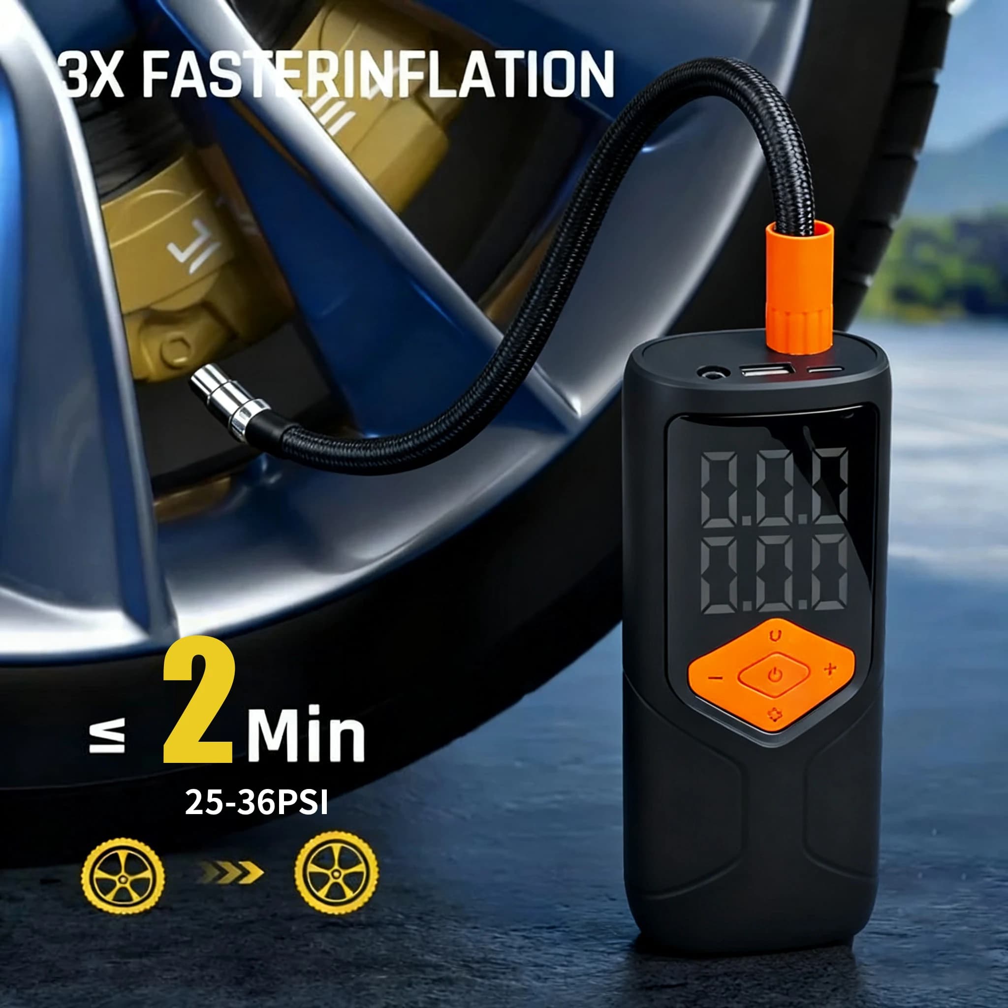 Compressore d'aria portatile per gonfiaggio pneumatici con pompa d'aria intelligente da 72 W 150 PSI con manometro digitale per palla da moto per bici da auto