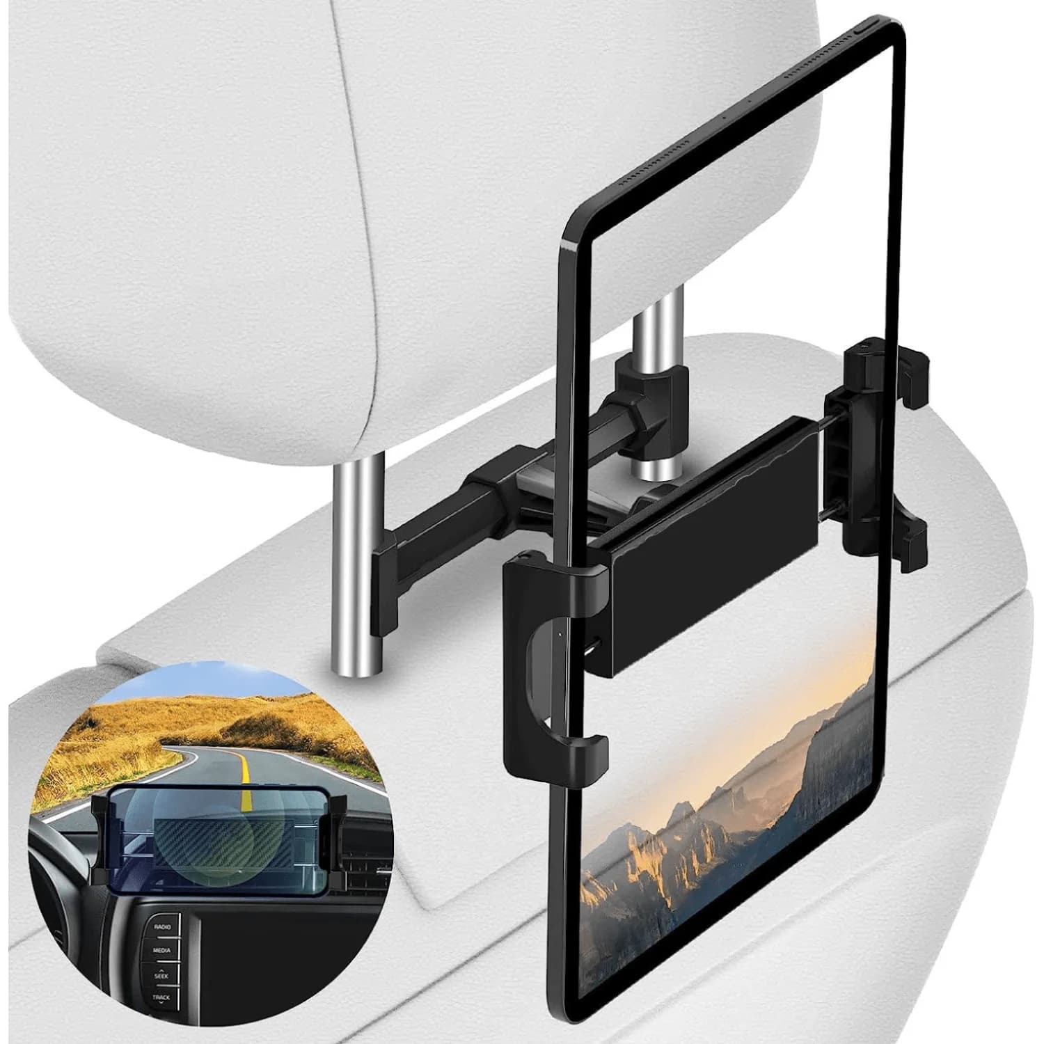 Supporto per tablet da auto per poggiatesta – Braccio di estensione regolabile 3-in-1 con rotazione a 360° ° Supporto universale girevole per sedile posteriore, compatibile con tablet e telefoni da 4,7-11 pollici, regalo ideale per viaggi in famiglia