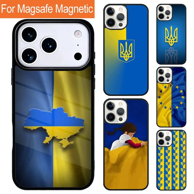 Cover Magnetica per iPhone con Bandiera e Stemma Nazionale Ucraina per iPhone 17 Pro 16 15 13 12 11 Pro Max Air 14 Plus con Magsafe