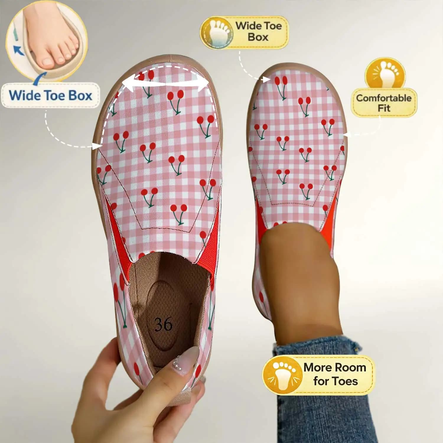Scarpe slip-on larghe a quadri rosa ciliegia, suola morbida che non stringe i piedi, mocassini casual da donna per piedi larghi