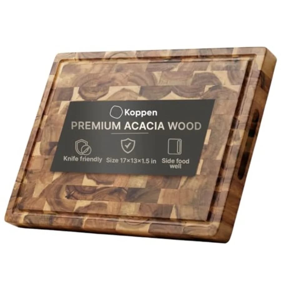 Tagliere Koppen in legno di acacia con troncatura longitudinale, blocco da macellaio resistente ai coltelli con canale raccogli-succo, manici interni e vasca per alimenti, reversibile