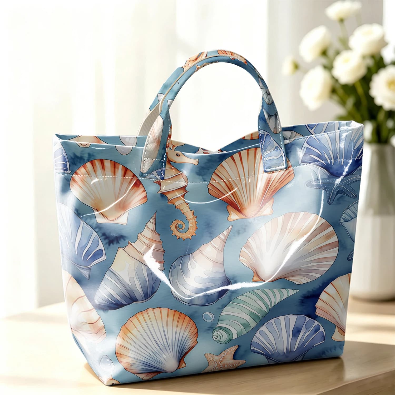 Watercolor Seashell Seahorse Cute Large Glossy PVC Tote Bag Hand Washable Lightweight Soft Great for Travel Makeup Handbags
