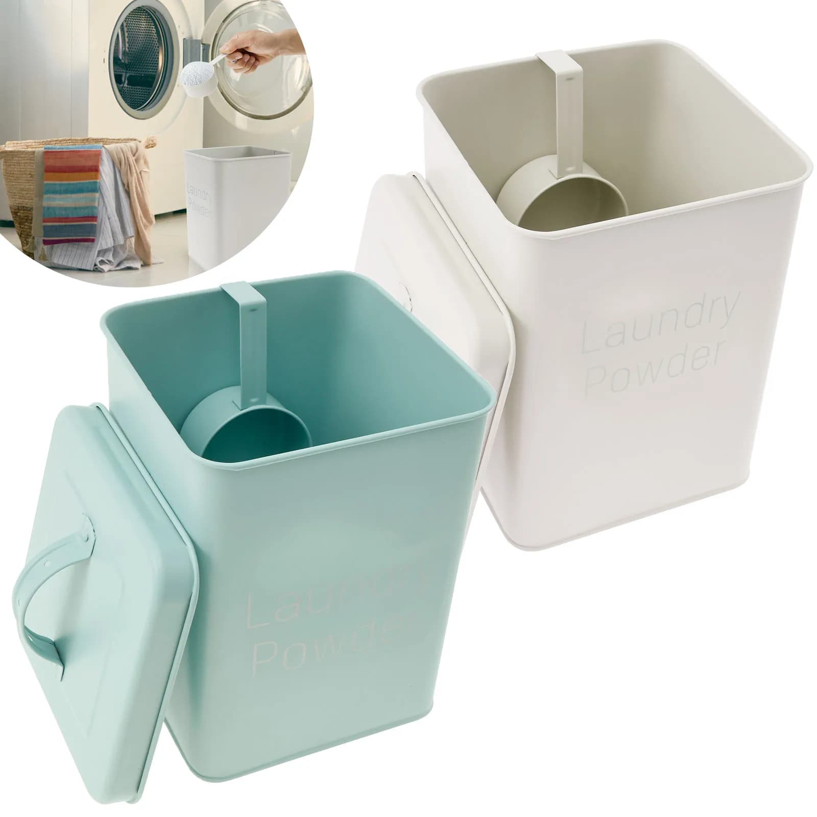 Scatola portaoggetti in metallo per detersivo Contenitore portaoggetti per detersivo da 3 litri con manico portatile e coperchio per lavanderia domestica