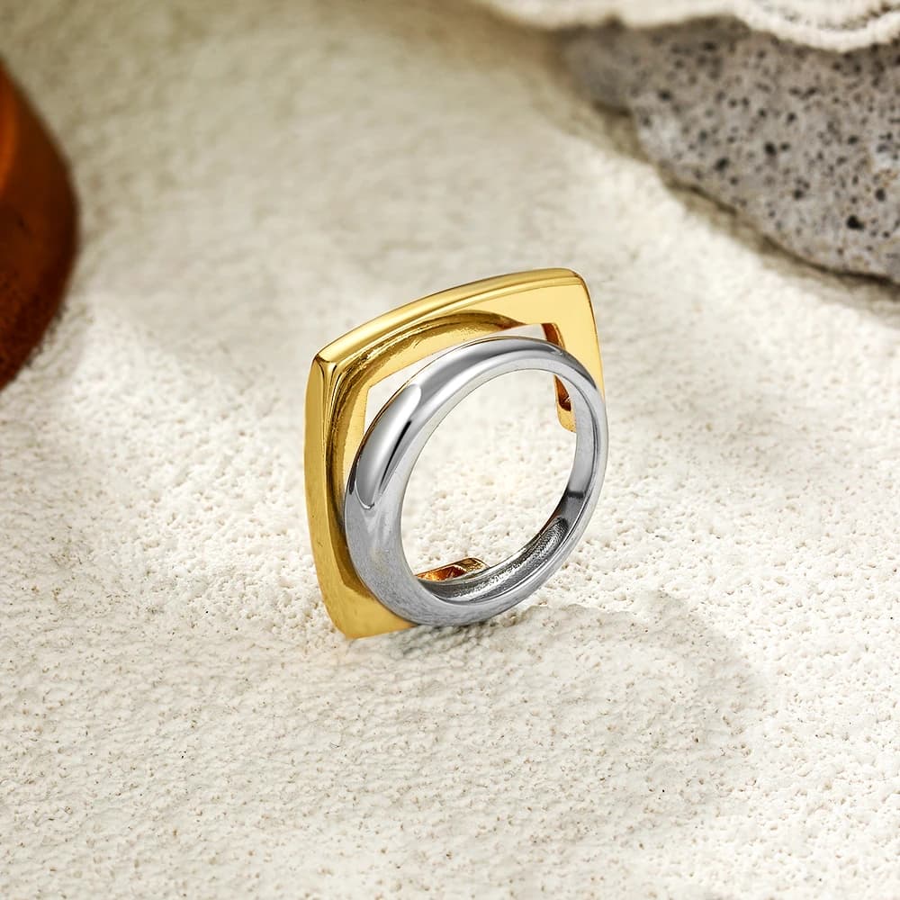 Personality Double-layer Square Shaped Opening Two-tone Women's Rings Unique Hypoallergenic 18K Gold Plated Ring Anillos Jewelry