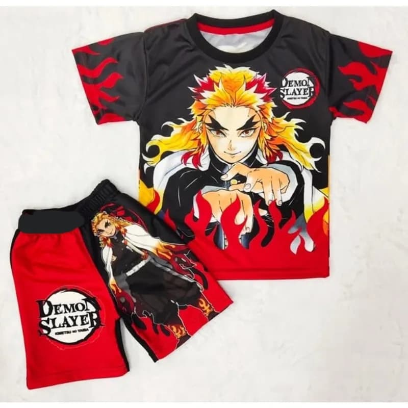 Set T-shirt e Pantaloncini Demon Slayer per Bambini, Stampa Anime Kimetsu Tanjiro Rengoku Zenitsu, Outfit Estivo Casual per Ragazzi e Ragazze, 2 Pezzi Abbigliamento Sportivo