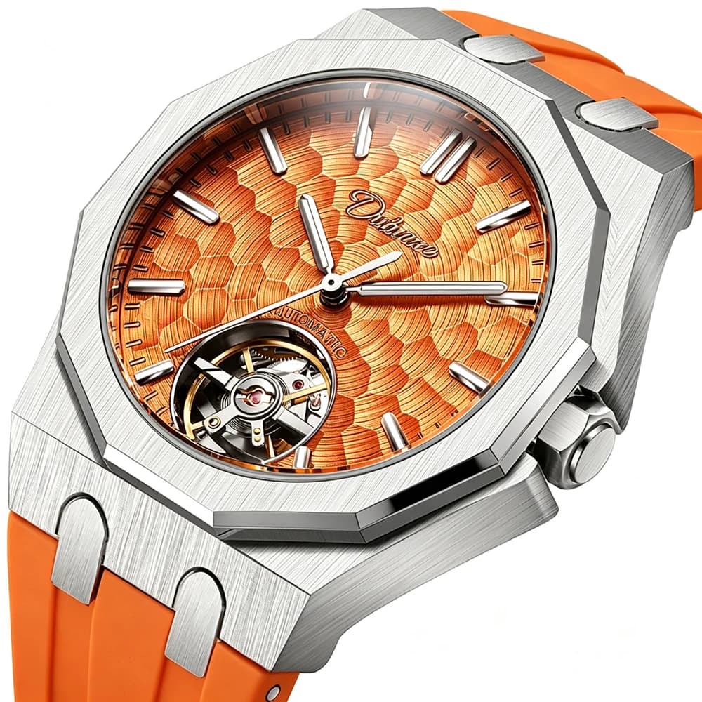 Luxury Men Automatic Watch Orange Wave Texture Dial Hollow Tourbillon Wristwatch Soft Orange Silicone Band Sport Waterproof