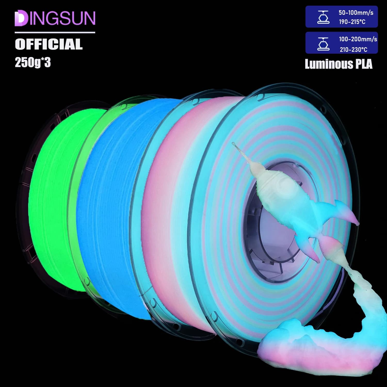 PLA 3D bright rainbow, PLA 3D filament 1,75 mm, for Halloween and Christmas decorations, rainbow bright/blue/green