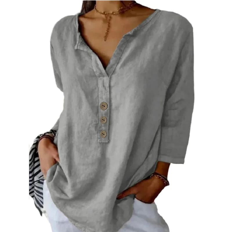 2025 Camicetta con bottoni stile semplice Camicia da donna con scollo a V Decorazione con bottoni Pullover Top larghi in lino di cotone tinta unita elegante femminile