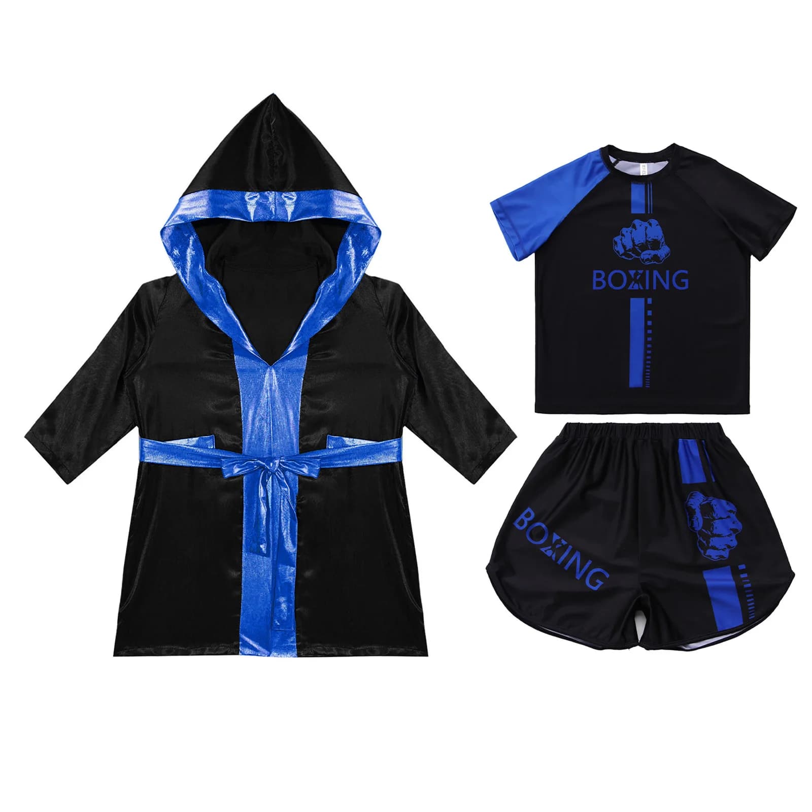 Boys Girls Halloween Carnival Boxer Cosplay Costume Long Sleeve Satin Boxing Training Robe Hooded Cloak with Belt T-shirt Shorts