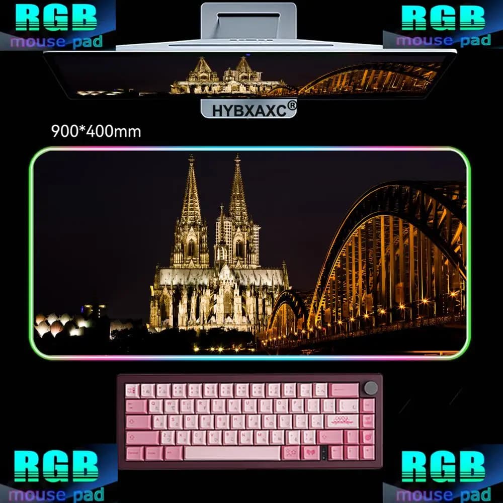 Tappetino per Mouse RGB HYBXAXC 80X40CM, Tappetino da Scrivania per Gaming HD, Grande Tappetino LED XXL con Illuminazione RGB, Motivo Cattedrale di Colonia, Germania