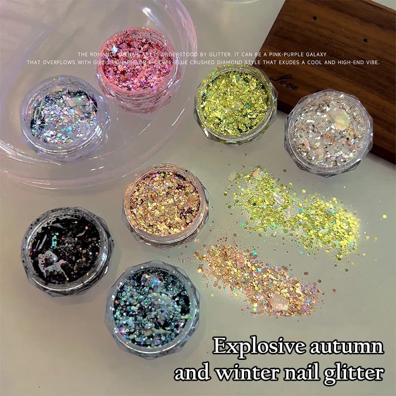 1 box of pure holographic glitter and shiny big iridescent gold silver metallic siren nail art powder sequins