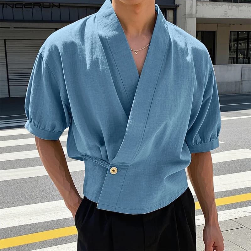 INCERUN Top 2025 Camicie senza colletto con abbottonatura inclinata da uomo di moda stile coreano Casual Streetwear Camicetta a maniche lunghe in vita solida