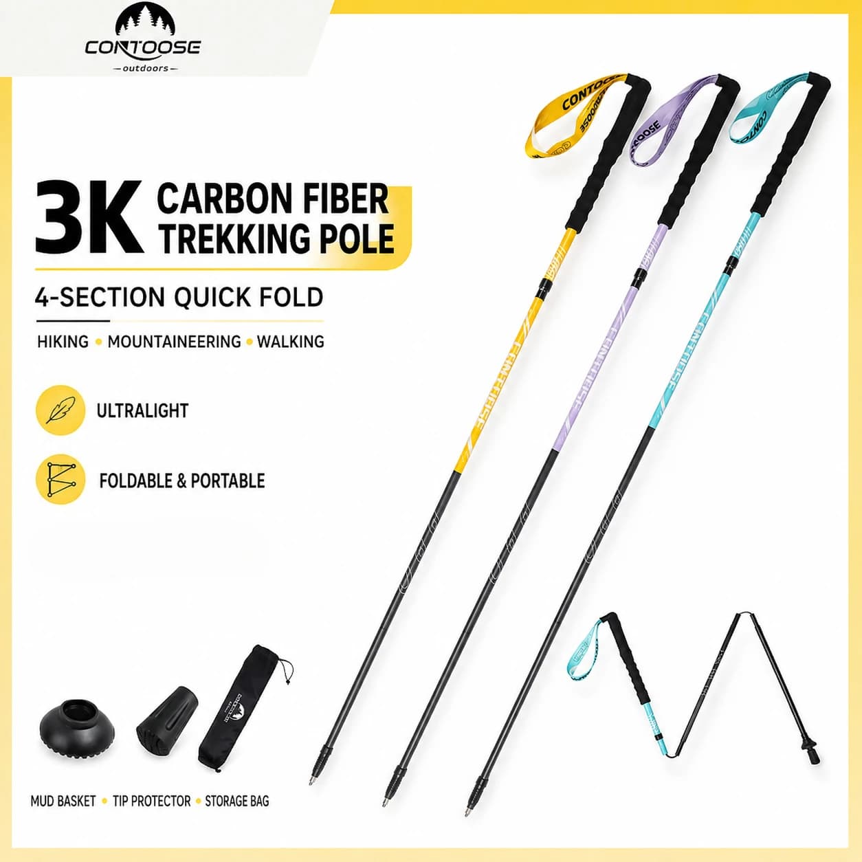 1PC 3K T800 Carbon Fiber Folding Trekking Pole, 105cm Lightweight Hiking Stick, 35cm Compact for Trail Running Hiking