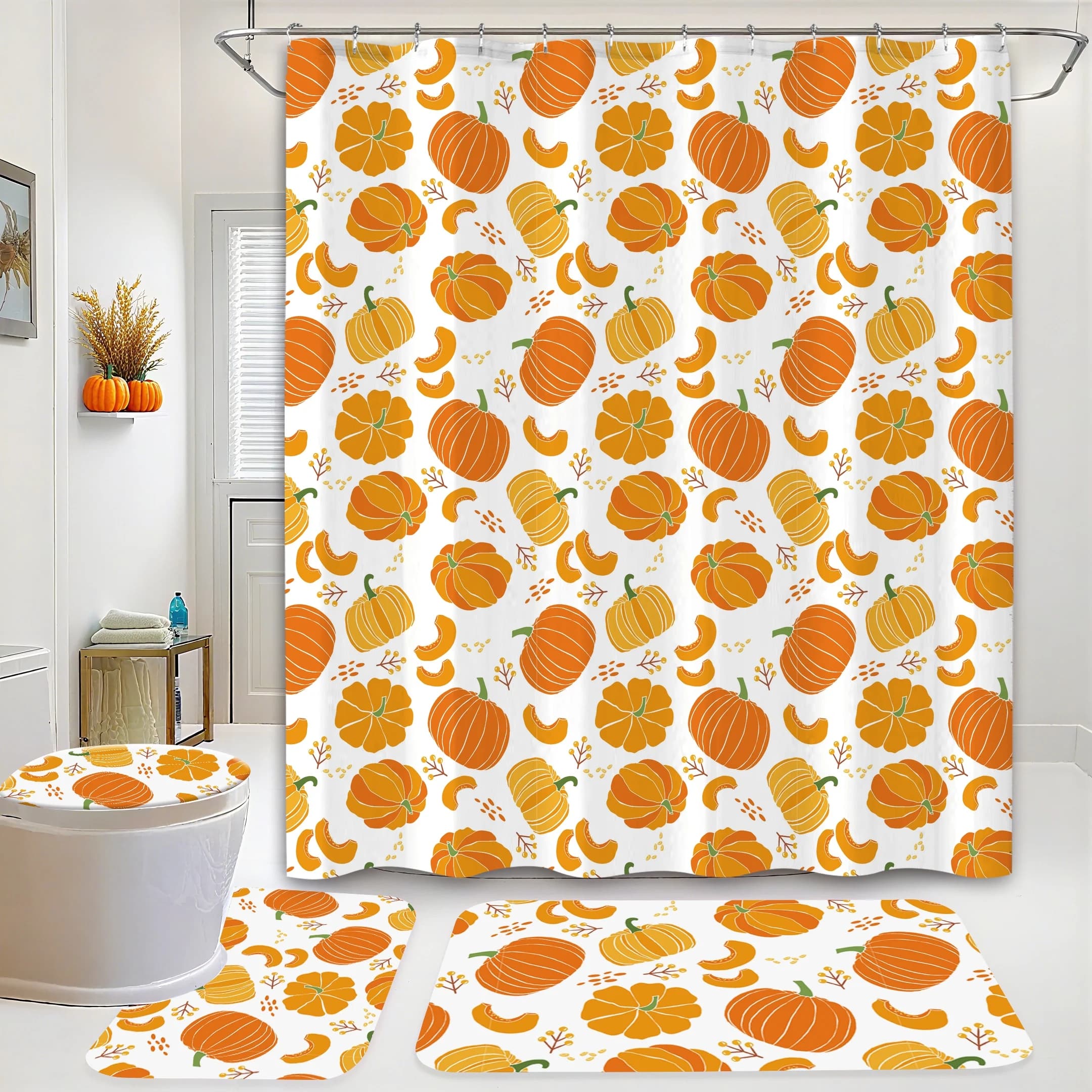 4-Piece Polyester Fall Shower Curtain Set 12 Hooks Non-Slip Rugs Toilet Lid Cover Modern Design Sustainable Digital