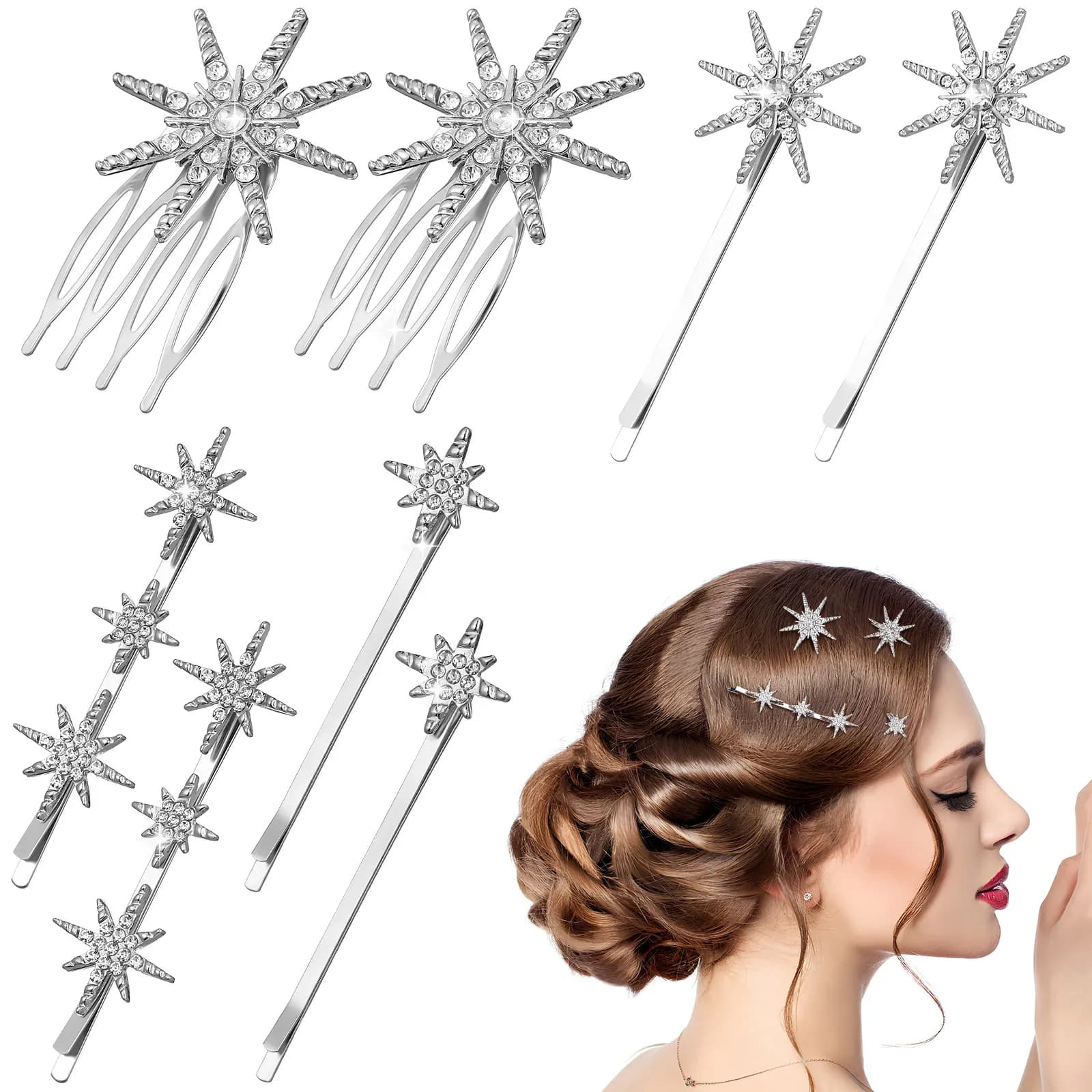 8Pcs Silver Decorative Hair Pins Rhinestone Hair Clips Wedding Bobby Pins Sparkly Bridal Accessories for Styling