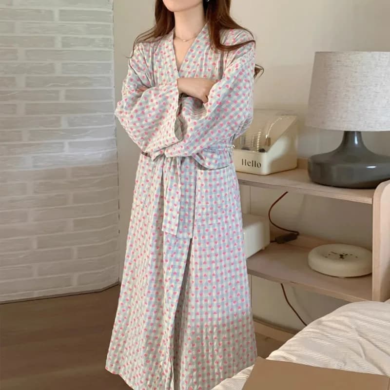 women's Bathroom Bathrobe Love Plaid loose long sleeve kimono along V neck trousers with laces night shirt sexy woman dress girl