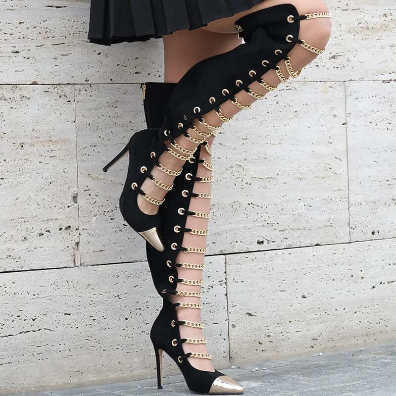 Onlymaker High boots above the knee with metal chain for women Black pin boots dug up to the thigh suede with high cut
